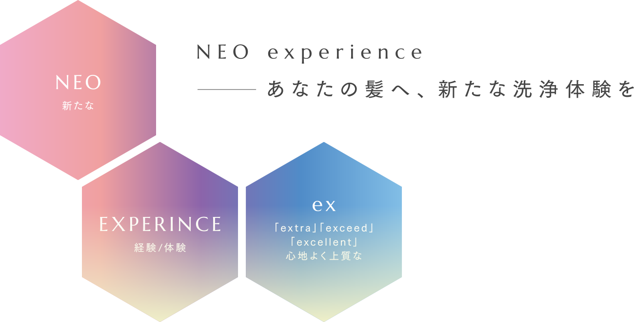 NEO experience NEO:新たな、EXPERINCE:経験/体験、ex:「extra」「exceed」「excellent」心地よく上質な あなたの髪へ、新たな洗浄体験を