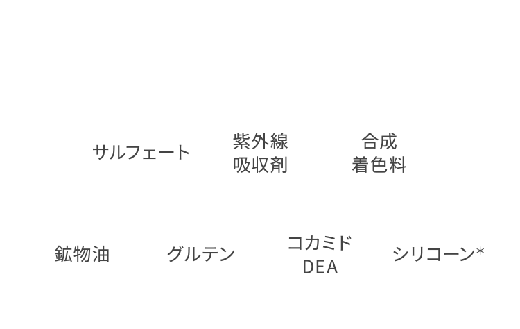サルフェート、紫外線吸収剤、合成着色料、鉱物油、グルテン、コカミドDEA、シリコーン※